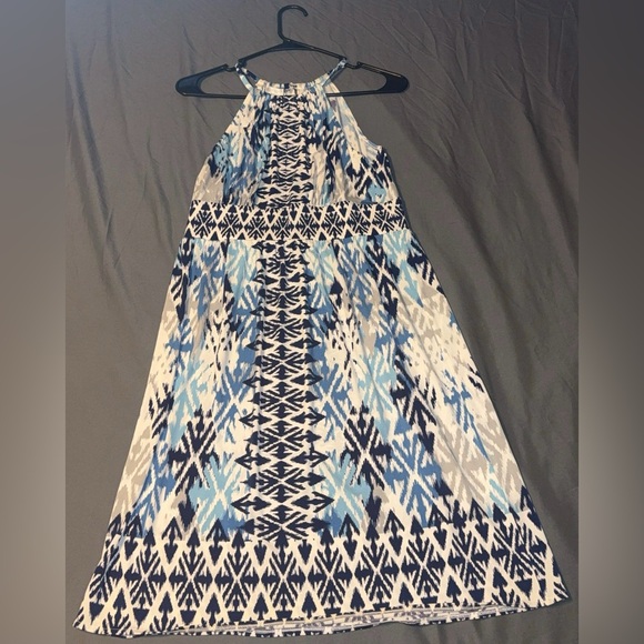 London Times Women’s Ikat Halter Dress Blue & White Boho A-Line Flowy Size 4 - Picture 2 of 11